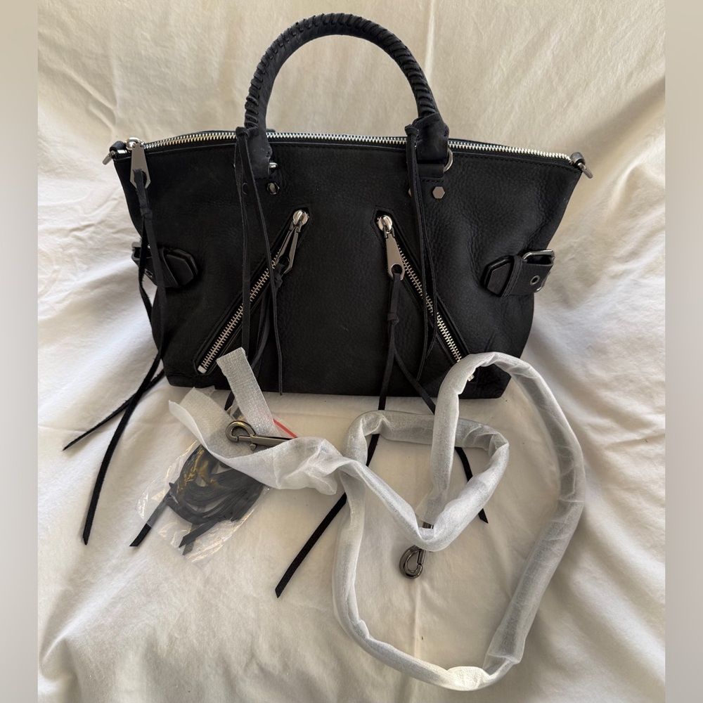 Rebecca Minkoff Black Pebbled Suede Moto Satchel Crossbody Top Handle Handbag - Picture 2 of 9